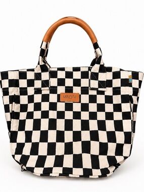 UBUNTU Black & White Check Canvas Tote with leather Handles